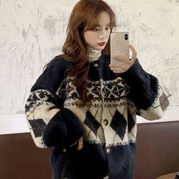 Autumn and winter retro jacquard knitted loose large size single-breasted cardigan round neck long-sleeved sweater wome 210526