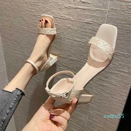 Dress Shoes High Heels thick sandals summer leisure one line belt low square head high heels