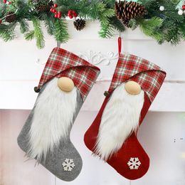 Gnome Christmas Stockings with Bell Plaid Cuff Fireplace Hanging Ornaments Holiday Party Home Decorations JJA9438