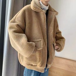 Korean Winter Warm Oversized Mens Jackets Coats Harajuku Lamb Woollen Man Casual Zipper Jacket Tops Male