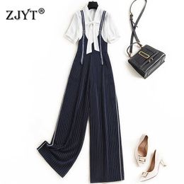 Summer Pants Suit 2 Piece Set Women Designers Fashion Bow Collar White Chiffon Shirt and Trousers Office Lady Business Outfit 210601