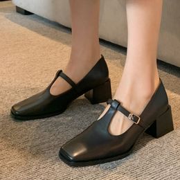 Womens genuine leather t-strap thick med heel square toe mary jane pumps high quality soft comfort student style casual shoes