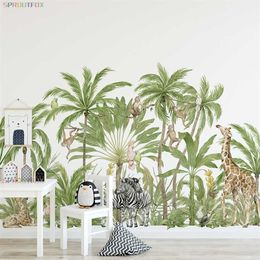 Large Animal Giraffe Zebra Monkey Wall Stickers for Kids Rooms Forest Animal Palm Tree Home Decals Nursery Wallpaper Decoration 211124