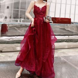 Sexy Evening Dress Backless Spaghetti Layer Tulle with Applique Prom Gowns Black, Dark Red