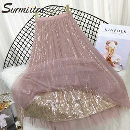 SURMIITRO Spring Summer Fashion 3 Layers Sequin Tulle Long Skirt Women Korean Style High Waist Pleated School Skirt Female 210712