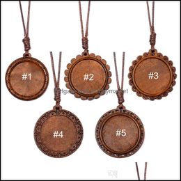 Jewellery Settings Wood Pendant Tray Setting Fit 30Mm Glass Cabochon Neckalce Making Adjustable Wax Thread String Vintage Handmade Necklaces D