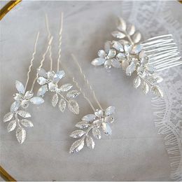 Jonnafe Gold Silver Colour Leaf Wedding Hair Comb Pins Set Opal Crystal Bridal Jewellery Accessories Women Headpiece 211019