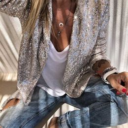 Sequins Long Sleeved Blazers Fashion Women Shiny Party Coat Silver Casual Sleeve Jacket Female Chemise D35 210930