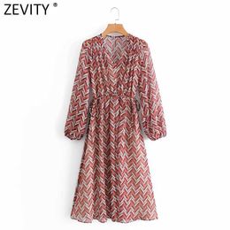 Zevity Women Vintage V Neck Colour Matching Geoemtric Print Casual Midi Dress Ladies Retro Long Sleeve Lace Up Vestido DS4766 210603