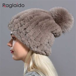 Raglaido Knitted Pompom Hats for Women Beanies Solid Elastic Rex Rabbit Fur Caps Winter Hat Skullies Fashion Accessories LQ11219 211229