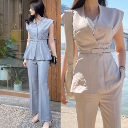 Woman Suit Fashionable Clothes For Women Temperament OL Two Piece Set Sashes Vest Top And Pants 210529