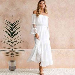 TEELYNN long boho dress white sexy off the shoulder beach sundress Flare long sleeve splice lace women dresses summer vestidos 210806