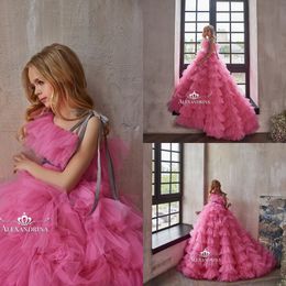 Hot Pink 2022 Ruffles Flower Girl Dresses for Wedding Layered Tulle Kids Ball Gown Pageant Dress For Girls