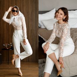 2022 Fashion Wedding Dresses Sheer Long Sleeve Lace Top Bridal Gowns Pant Suit for Weddings vestido de novia