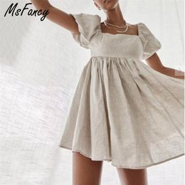 Msfancy Estate Cotone Mini Dres Colletto Quadrato Manica A Sbuffo Vestido De Mujer Boho Abiti Casual 210623