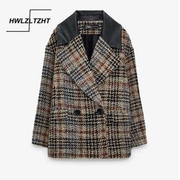 HWLZLTZHT Autumn Winter Woollen Coat Spliced Turn Down Collar Plaid Wool Overcoat Double Breasted Loose Plus Size Outwear Pockets 210930