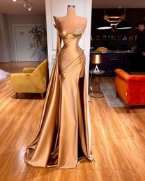 Aso Ebi Arabic Gold Crystals sexy Evening High Split Dresss Satin Formale Second Reception Gowns ZJ346 0424