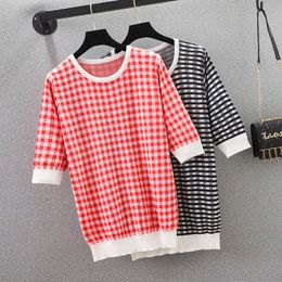 large size women plaid kint vintage sweater pullover loose casual short sleeve o neck Oversized sweaters jumper mujer top 210604