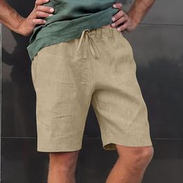 Men's Shorts Summer Men Solid Linen Knee Length Pants Plus Size Bandage Pockets Loose Causal Beach
