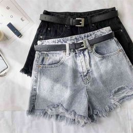 Ailegogo Summer Women High Waist Hole Blue Denim Shorts Casual Female Solid Colour Frayed Black Jeans With Belt 210724
