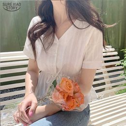 V-neck Short Sleeve Womens Tops and Blouses Solid Chiffon Blouse Summer Embroidered Lace-up Office Lady Clothes 10409 210527