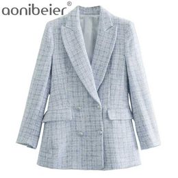 Aonibeier Light Blue Women Fashion Double Breasted Pockets Coat Female Outerwear Office Lady Jacket Suit Urban Workwear 211006