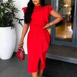 Women Red Dresses Bodycon Ruffles Short Sleeves Split Sexy Party Fashion Event Celebrate Vestidos New Female Clubwear Robes 210309