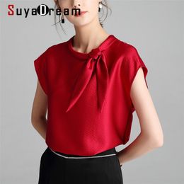 SuyaDream Women Solid T shirts 100%Silk Satin Bow Collar Batwing Sleeved Shirts Summer Elegant Top 210315