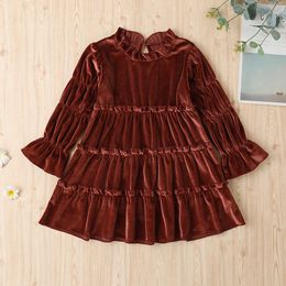 Autumn Winter 2020 New Girls Dress Long Sleeve Velvet Turtleneck Brown Pleated Solid Cute Sweet Baby Vestidos 2-6T Q0716