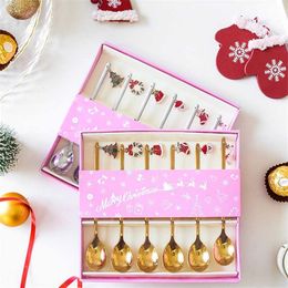Christmas Ornaments Coffee Spoon Stainless Spoon Christmas Gift Box Set Christmas Decorations Xmas 2022 Year 6pcs Tea Mixing 211104