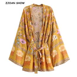 Women Bohemian Yellow V neck Flower Print Kimono Shirt Holiday Beach Bow Sashes Mid Long Cardigan Blouse Tops 210719