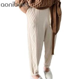 Pantaloni Harem da donna addensati invernali Pantaloni casual da donna con coulisse intrecciata a maglia Femme Chic Warm 210604