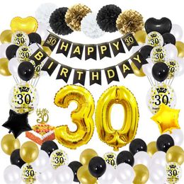 51pcs/Set 30 Birthday Party Decorations Big Happy Birthday Banner Woman Man Deco Anniversaire 30 Years Black Golden Balloons 211216