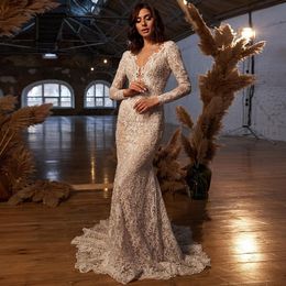 Vestido de Noiva Lace Mermaid Wedding Dress 2021 Sheer Neck Long Sleeves Backless Bridal Gown Robe de mariage