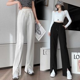 White moped casual pants women's 2021 new summer high-waisted thin feeling straight pants open fork wide leg pants Q0801