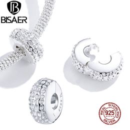 BISAER Open Stopper 100% 925 Sterling Silver Simple Round Spacer Beads fit Bracelets & Bangles DIY Jewellery Accessories ECC1490 Q0531