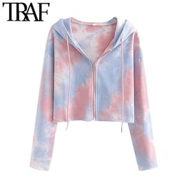 TRAF Women Fashion Tie-dye Print Zip-up Cropped Sweatshirts Vintage Hooded Long Sleeve Female Outerwear Chic Tops 210910