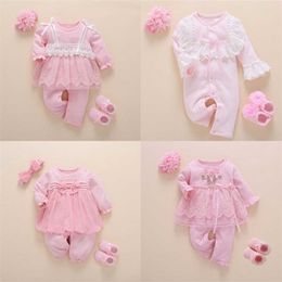 -Born Baby Girl Kleidung Herbst Baumwolle Spitze Prinzessin Stil Jumpsuit 0-3 Monate Säuglingsspieler mit Socken Stirnband ROPA Bebe 220105