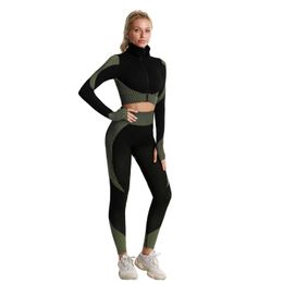 2 PC Long Sleeve Gym Cropped Top SeamlLeggings Yoga Set Workout Clothes Women Sport Suit FitnSet Sports Bra Sportswear X0629