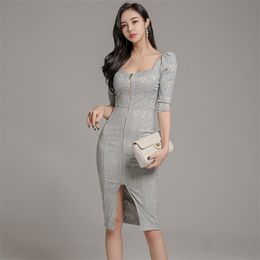 Office bodycon Koran ladies Long SLeeve Square neck zipper Sexy Formal Party Dresses for women clothing 210602