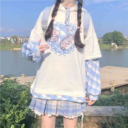 Japon Kawaii Yumuşak Kız Sweety Gömlek Patchwork Ekleme Kazak Tam Kollu Karikatür Baskılı Gevşek Kapüşonlu Tişörtü 210803