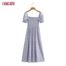 Tangada Summer Women Flowers Print Vintage Midi Dress Puff Short Sleeve Ladies Dress Vestidos 1F197 210609