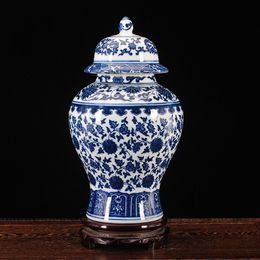 Jingdezhen ceramic jar antique ornament, blue and white TV cabinet general tankstorage tank handicraft decorative vase 210310