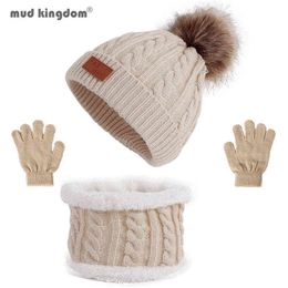 Mudkingdom 3pcs Boys Girls Hat and Gloves Scarf Set Knit Fleece Lined Pompom Warm Outdoor Play Cap Suit for Children Clothes