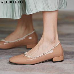 ALLBITEFO sweet Beading genuine leather low-heeled comfortable women shoes thick heels office ladies shoes wedding women heels 210611