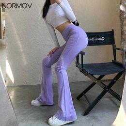 NORMOV Pants Women Casual High Waist Elastic Flare Pants Fashion Loose Ribbed Sweatpants Korean New Streetwear Wide Leg Trousers Q0801