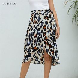 Chiffon Skirts Womens Summer High Waist Leopard A Line Slit Long Skirts Lace Up Wrap Clothes Fashion Midi Skirt For Women 210310