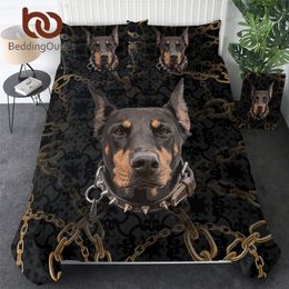 BeddingOutlet Doberman Bedding Set Chain 3D Printed Kids Boys Duvet Cover Dog Black Bed Set Animal Bedclothes 3pcs Home Textiles 210309