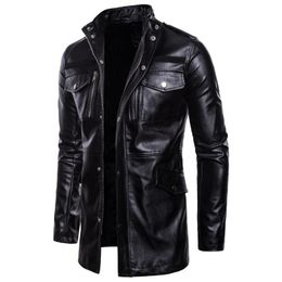 2022 hommes veste en cuir épaulette Vestes pour hommes Black Faux Synthétique Pu en cuir POCKETS EPAULET MENS LONG LONGUE VESTE