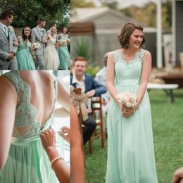 Mint Green Country Long Bridesmaid Dresses with Sash 2021 Lace Chiffon V-neck Full length Fairy Bohemian Garden Junior Bridesmaid Gowns